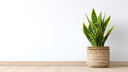 Sansevieria snake plant in woven wicker pot against white wall with large copy space
