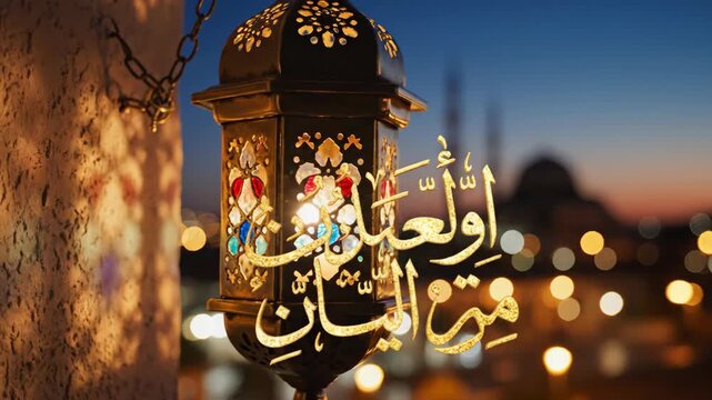 Ornate Islamic Lantern Glows at Dusk Illuminating Arabic Script Against a Cityscape Backdrop