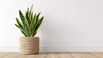 Scandinavian style interior mockup with snake plant and empty white wall for text or art