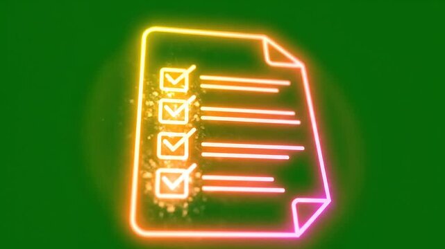 Neon checklist icon on green background with checked boxes.