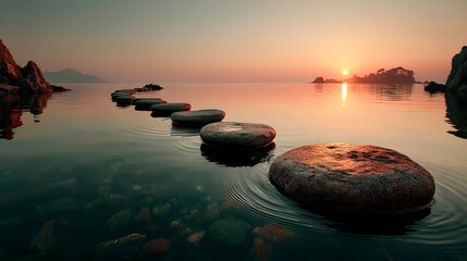 Serene stepping stones leading across calm water toward a warm peaceful sunrise horizon