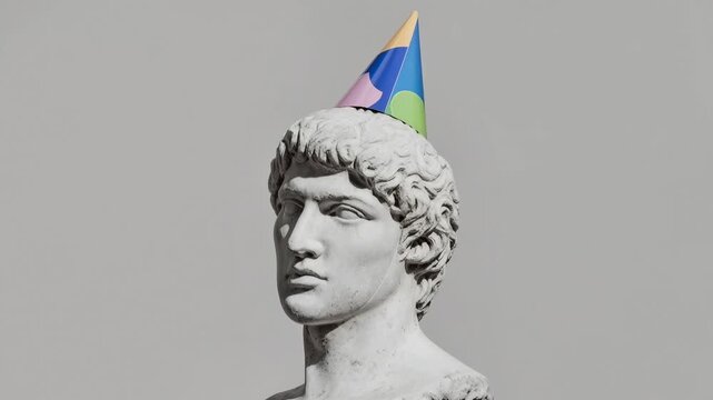 Classical marble sculpture with a playful party hat blending timeless art and modern irony to create a witty cultural visual suitable for humor creativity and contemporary design themes