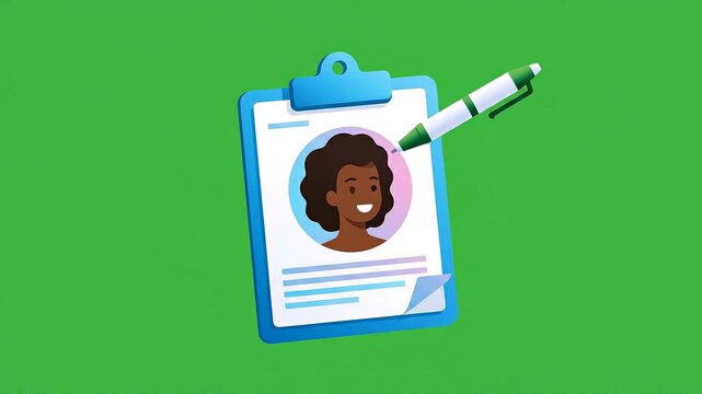 Illustration of a resume with a smiling woman's profile and a pen.