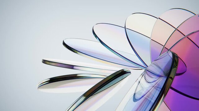 Precise elegant iridescent discs glass plates in minimalist movement. Seamless loop.