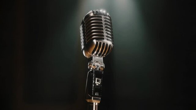 Vintage microphone illuminated by soft spotlight on a dark stage creating an atmospheric scene for music performance storytelling podcasting and creative audio concepts - Powered by Adobe