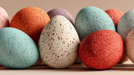 Colorful decorative Easter eggs with speckled textures arranged together in soft minimal setting