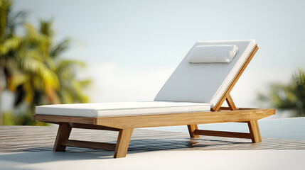 Luxury Wooden Sun Lounger with White Cushion by a Tropical Swimming Pool

