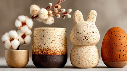 Minimal Easter decoration with ceramic bunny egg and soft branches in warm setting