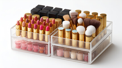 Full Range of Makeup Cosmetics in Elegant Packaging Isolated on Neutral Background