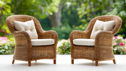 Two Wicker Armchairs with White Cushions on an Outdoor Patio