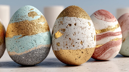 Elegant decorative Easter eggs with gold accents and textured surfaces in modern setting
