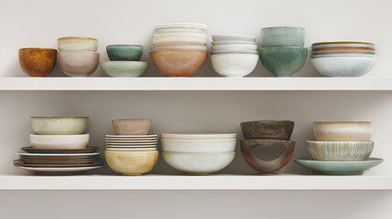 Assorted Handmade Ceramic Bowls and Plates on White Minimalist Shelves
