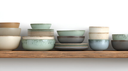 Collection of Stoneware Pottery in Neutral and Earthy Glazes on Kitchen Shelving