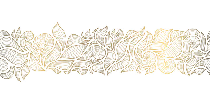 Elegant vector seamless leaf pattern, golden lines border, tropical botanical elements in a modern abstract style. Luxury packaging, coffee or tea branding, wallpaper, premium fabric designs