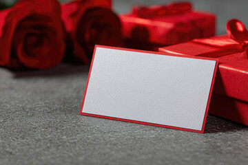 Blank white card with red roses and gift boxes on gray surface