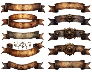 Assorted aged, stylized banner designs w/ decorative gears & rivets, on a white background
