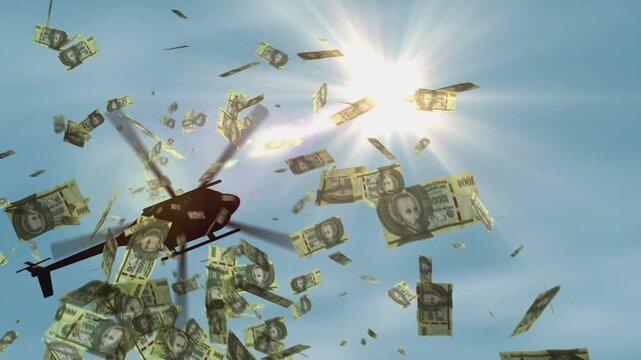 Paraguay guarani Paraguayan money banknotes helicopter money dropping. 100000 PYG notes abstract 3d concept of inflation, money printing, finance, economy, crisis and quantitative easing.