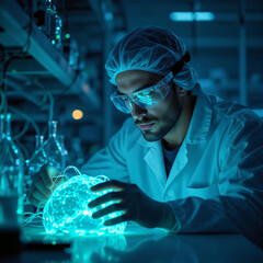 Industrial Science Shot of Neural-Mesh Interface with Realistic Copper Wiring.