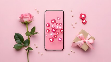 Valentine's Day celebration with smartphone and heart symbols