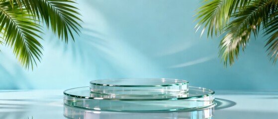 A minimalist display setup featuring two stacked glass platforms under soft lighting framed by lush palm leaves against a serene blue backdrop.