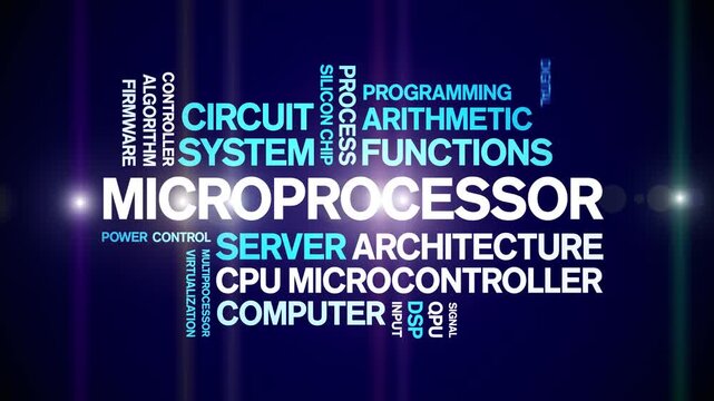 Microprocessor animated word cloud-text design animation tag kinetic typography seamless loop.