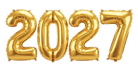 2027 gold foil balloons isolated on white background for New Year celebration, anniversary, or graduation party decor.