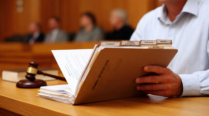 Criminal defense attorney reviews printed legal document at courtroom desk with blurred jury behind conveying justice and law process