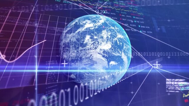 Animation of financial data processing with binary coding and globe over grid