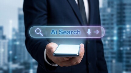 Businessman using AI search on smartphone in modern cityscape