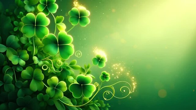 Green clover leaves with glowing golden light on green background. St. Patrick's Day concept with copy space for design
