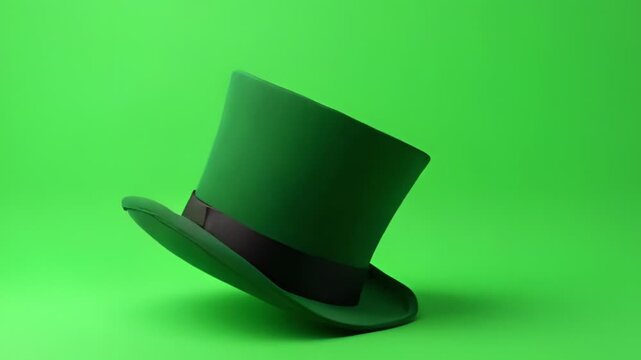 Green leprechaun hat with black band on plain green background. St. Patrick's Day symbol with copy space