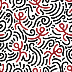 Red dancing figure and doodle around seamless pattern. Hand drawn pattern for any design purposes.