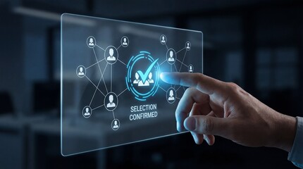 Hand confirming selection on futuristic digital interface