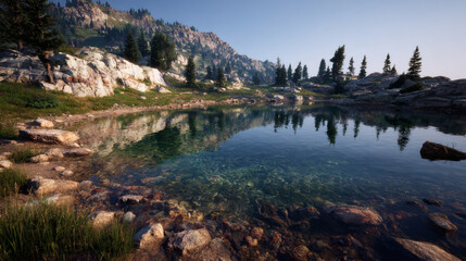 Naklejka premium Mountain lake reflection clear water alpine pine tree algorithmic nature serene landscape peaceful scene sunlight rocky shore grass