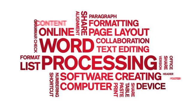 Word Processing animated word cloud-text design animation tag kinetic typography seamless loop.