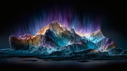 Neon mountain abstract landscape fantasy terrain colorful light glowing horizon night sky surreal nature digital art algorithmic structure ultraviolet glow algorithmic neon mountain abstract