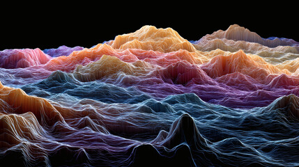 Algorithmic landscape wave abstract digital art nature colorful wireframe terrain glowing neon line mountain valley futuristic data visualization background