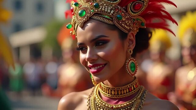 Woman in ornate carnival costume with golden jewelry and feathers, smiling during festive parade. Vibrant and colorful celebration