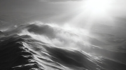 Sunlight ocean wave mist silver light algorithmic nature mountain ridge haze serene seascape horizon abstract dramatic