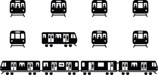 Subway train icon set, front and side views, black white vector, passenger silhouette design, metro transport illustration bundle © MdMahmudul