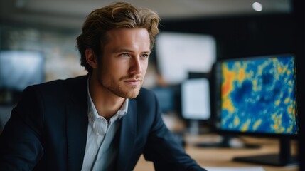 Engineers analyze a spectrum visualization where a heatmap displays material stress levels distributed across a surface, illustrating load response, structural behavior, and mechanical performance.