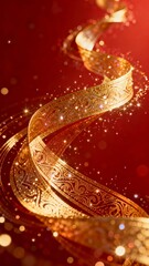 An elegant golden ribbon with intricate patterns gracefully curves across a vibrant red background adorned with sparkling bokeh effects.