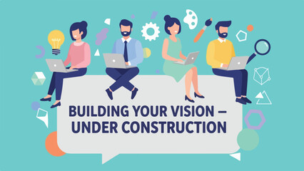 Business Team Working on Laptops with Building Your Vision Under Construction Text