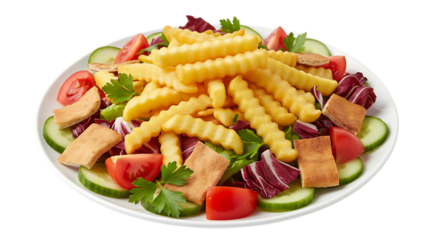 A delicious meal featuring crispy french fries and chicken served with a fresh vegetable salad, sliced tomato, and red ketchup on a white plate for a complete grilled steak or fish dinner dish