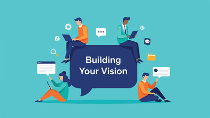 Business People Collaborating with Laptops and Speech Bubble Vector Illustration