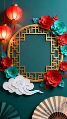 A vibrant Chinese New Year-themed decorative arrangement featuring red lanterns paper flowers a golden geometric frame and traditional fans against a teal backdrop.