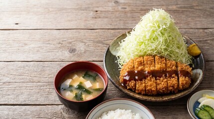 Tonkatsu set meal with shredded cabbage pile and miso soup. copy space for text

