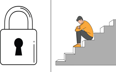 Mental Health and Security Concept Illustration Featuring Lock Symbol and Sad Person Sitting on Stairs, Anxiety, Depression and Emotional Barrier Awareness Vector