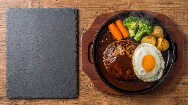Hamburger Steak (Hambagu) on sizzling plate with demi-glace sauce. copy space for text
