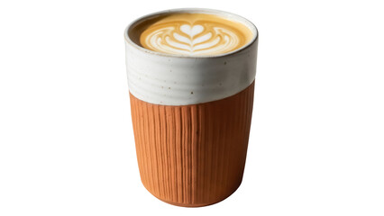 Latte art in ceramic cup isolated PNG, coffee drink with heart design on transparent background, cafe beverage for menu